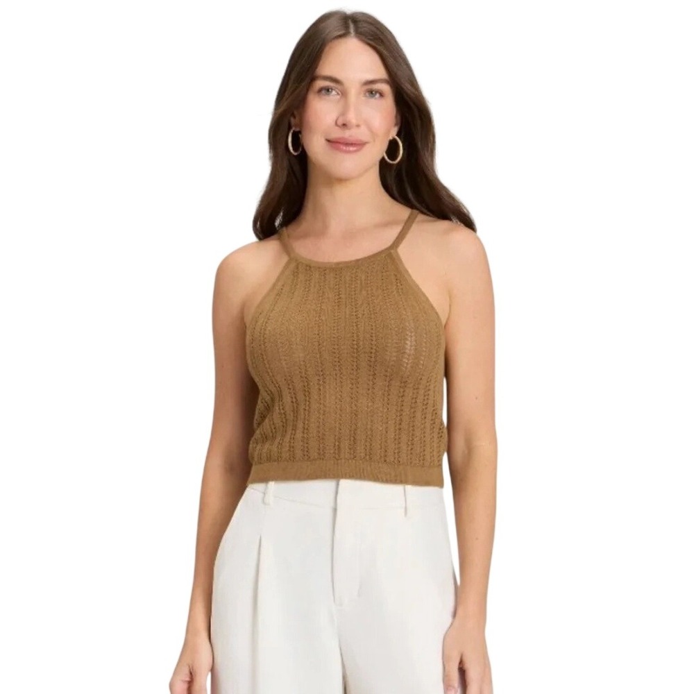 A New Day Women's Brown Pointelle Knit Halter Tank Top Size Medium